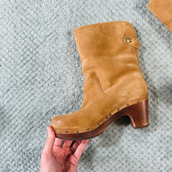 UGG Australia vtg y2k Lynnea Chestnut Brown Studded Wood Clog Sherpa Lined Boot - Picture 4 of 7